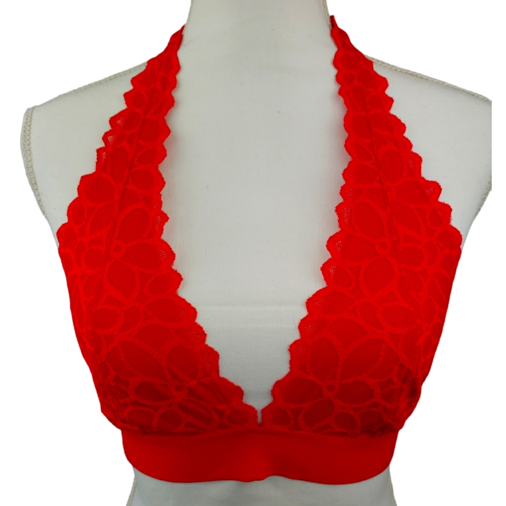 Pink Victoria's Secret Lace Halter Bra Size Medium in Red Open Back